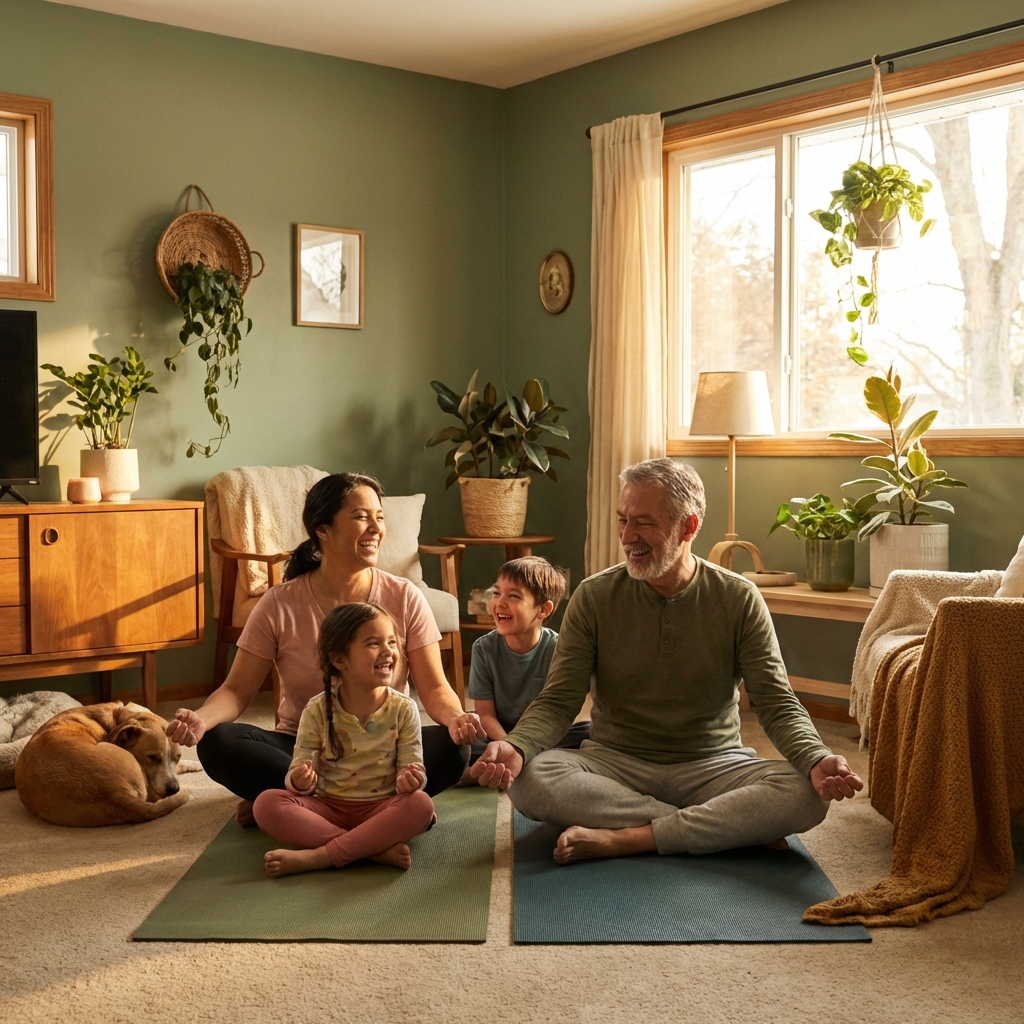 Family doing yoga at home